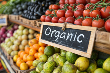 Organic food market with fruits and vegetables, fresh farmers local agriculture products, chalkboard sign written organic on it, hd