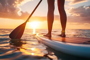 Canvas Print - Summer sport adventure with young woman surfing in sea travel water paddle lifestyle nature person on surfboard ocean vacation sunset recreation fit and sunny sunlight holiday sunrise outdoor beach