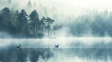 Spring Landscape With Takeoff Loon (misty Morning). Bird Were Scattered On Water Of Lake In Misty Forest. Picture Has Artistic Value, Fine Art Photography. Art Style Of Photo