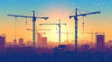Tower Cranes On Construction Site. City Space. Hand Drawn Vector. Construction, Development, Architecture Or Other Concept Illustration Or Background