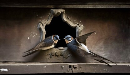 A pair of swallows building a nest