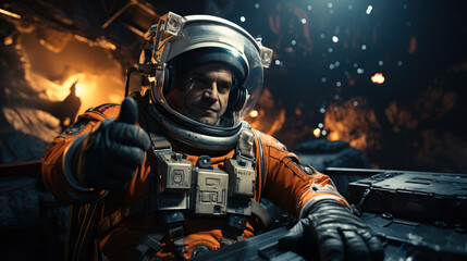 Wall Mural - Space Thumbs Approved: Astronaut Floating in Space, Delivering a Cosmic Thumbs Up Gesture