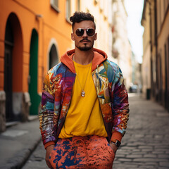 Wall Mural - Photo of a young fashion stylish trendy look man model in color clothes modern style outdoor street style natural light