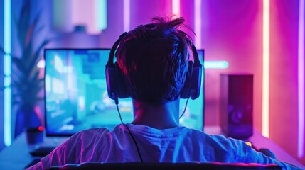 pro gamer man in headphones live streaming while playing online computer game, neon lights, esports,  gaming, monitor, play, young, player, internet, enjoyment, cyber,