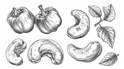 Wall Mural - Set Hand drawn sketch cashew nut vector on white background