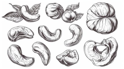 Wall Mural - Set Hand drawn sketch cashew nut vector on white background