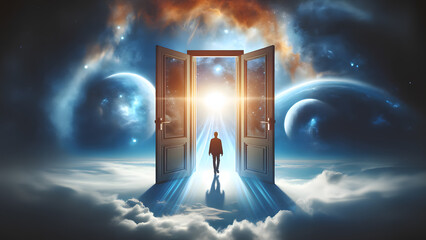 Open doors in the sky, a concept of liberation. The silhouette of a man in an open doorway in the sky. The path to liberation