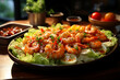 Delicious white shrimp salad with chopped lettuce on a wooden table