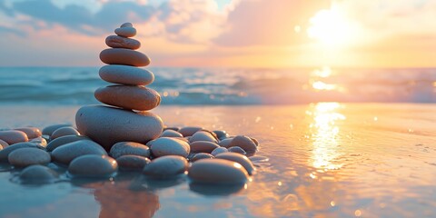 Sticker - Stack of zen stones on the beach at sunset. Zen concept