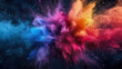 Explosion of multicolored paint on dark background, burst of colorful powder, abstract pattern of colored dust explode. Concept of spectrum, swirl, holi, texture, splash