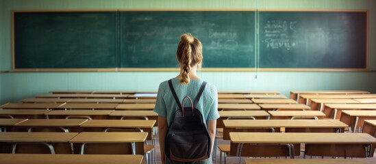 Sticker - Teacher erases blackboard in vacant classroom, rear view.