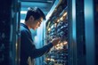 Asian male IT technician checking equipment in network server room