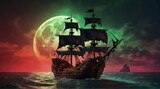 pirate ship - illustration of a pirate ship against the background of the moon, green and red glow