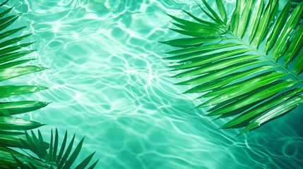 Swimming Pool with Clear Water and Palm Leaves. Tropical Paradise. Spa Salon Concept.