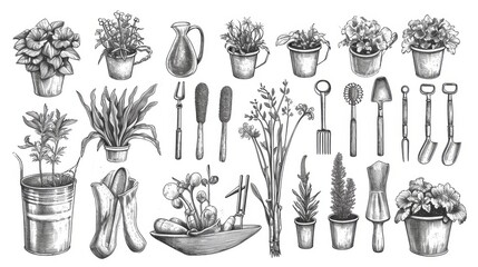 Wall Mural - Sketch gardening hand drawn design elements on white background