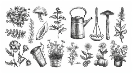 Wall Mural - Sketch gardening hand drawn design elements on white background