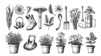 Wall Mural - Sketch gardening hand drawn design elements on white background