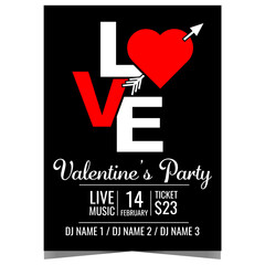 Wall Mural - Valentine's Day invitation card or promo poster with word Love consisting of a red heart pierced by Cupid's arrow. Vector banner or booklet for celebration of romantic Feast of Saint Valentine.