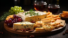 Various Types Of Cheese In Wooden Box On White Wooden Table, Top View