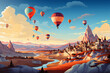 hot air balloon in the sky concept 3D rendering ,Landscape with mountains and balloons