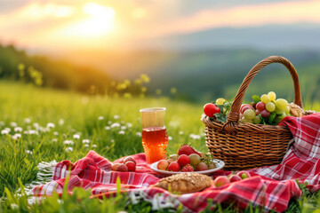 Wicker basket with fruits, cheese, food and drinks on a light blanket on a green lawn park in the sun. Concept of summer vacation with family in nature