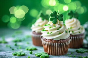 Wall Mural - Delicious Saint Patrick’s day green cupcake on a green blurred background with copy space for text