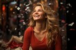 © Larisa AI - A joyful lady in a vibrant red shirt smiles radiantly as confetti dances around her on the bustling city street