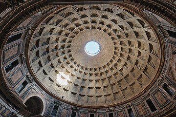 interior view of the magnificent ancient roman temple pantheon and it's concrete dome, rome, italy