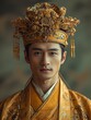 Majestic Asian King in Golden Robe.
An imposing figure, a young Asian king in a golden robe and crown.