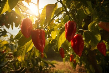  Growing red pepper harvest and producing vegetables cultivation. Concept of small eco green business organic farming gardening and healthy food