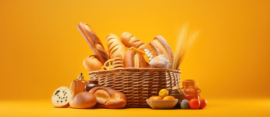 Poster - Rustic Bread Basket on Wooden Table: Wholesome Delights and Natural Goodness