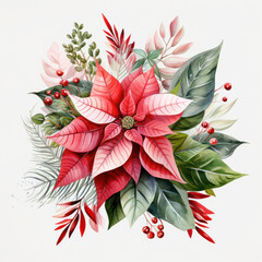 Wall Mural - Festive Christmas Floral Composition: A Happy Holiday Greeting Card with Vintage Watercolor Illustration of Red Poinsettia Flower and Holly Leaves on a Traditional Retro Design Background