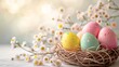 Easter postcard with pastel rainbow eggs in a wicker basket