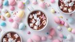 Minimalist Easter postcard with sweet hot chocolate, marshmallow bunny rabbits and pastel easter eggs