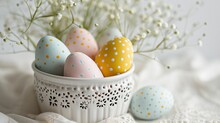 Easter Postcard With Polka-dot Eggs In A Vintage Container On A Lace Doily