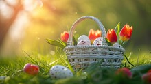 Easter Postcard With Tulips And Speckled Eggs In A White Basket On Grass