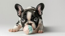Easter Postcard With Playful French Bulldog Puppy Attempting To Balance A Painted Egg On Her Nose