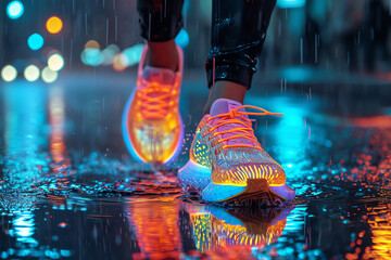 walking with light shoes on the street under the rain, AI generated