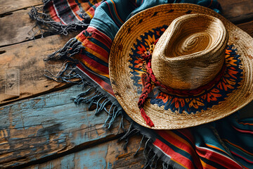 Mexican sombrero or hat with a colorful serape blanket, A Mexican sombrero hat on a yellow background with copyspace, Cinco de Mayo holiday background, Generative Ai