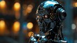 Close-Up of Futuristic Robot Head with Glowing Eyes and Metallic Finish Against Warmly Lit Background