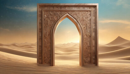 A Wooden Door Invites You to a Majestic and Holy Scene with a Desert and a Beautiful Sky