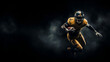 American football player on a dark background in smoke in black and, Muscular football player cheering, American football player. Sportsman with ball in helmet on stadium in action, Ganearative AI