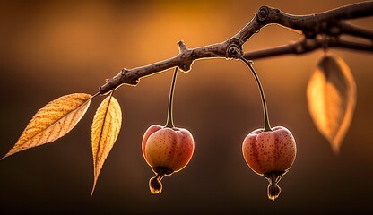 Wall Mural - A closeup of a couple of cherries hanging