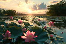 Sunset Over The Lotus Pond Illustration, Beautiful White Pink Lotus And Water Lily Pad, Sunset Over The Lake, Beautiful Lotus Flowers In The Lake Over Sunset Sky, Ganerative AI