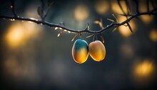 A Closeup Of A Couple Of Mangoes Hanging