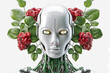 Robot head with flowers on its head.
