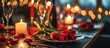 Valentine's Day restaurant table setting for a luxury romantic date with tulip flower decorations and candles; ideal for a surprise marriage proposal.