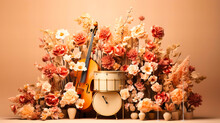 Transport Yourself To A Vintage Era With This Floral And Musical Background. The Retro Guitar, Romantic Roses, And Artistic Design Evoke A Sense Of Timeless Beauty.