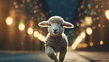 Joyful Lamb: A Nighttime Stroll Under Glowing Lights"