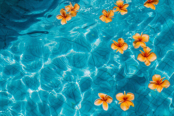 
top view of crystal clear blue pool with tropical orange flowers floating on the surface . Abstract summer beach vacation backdrop